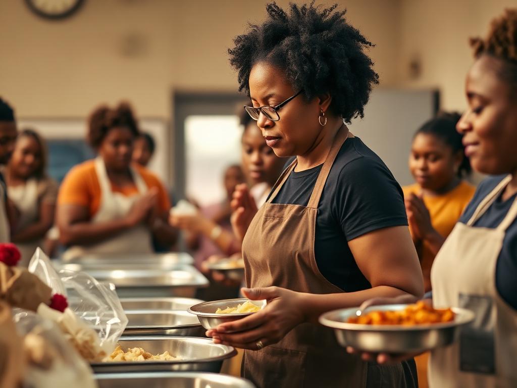 Faith leader and volunteers serving meals together