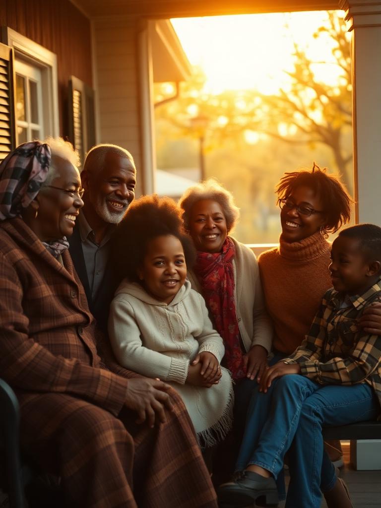 Multigenerational family on a porch at golden hour