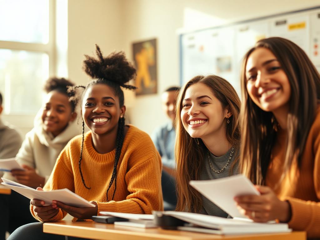 Diverse teens learning together in a community classroom